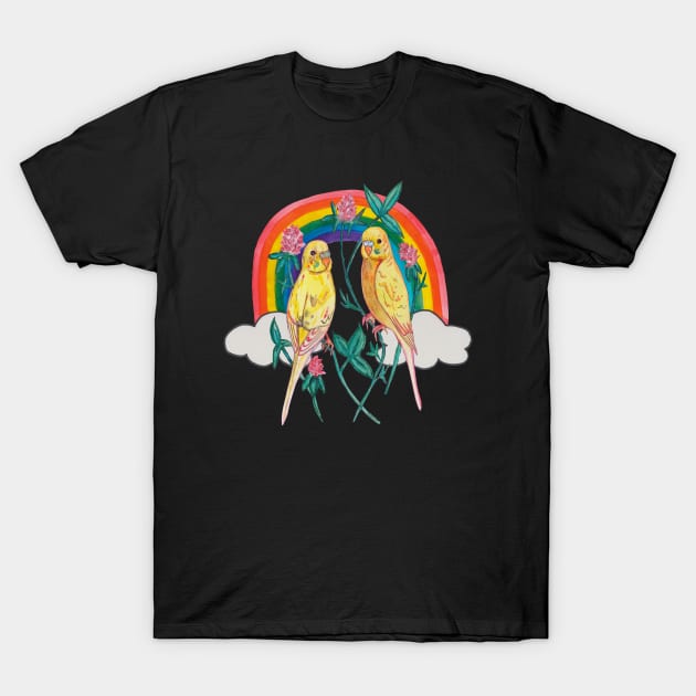 Two colorful parrot budgies with rainbow T-Shirt by deadblackpony